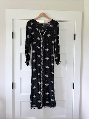 READ RARE HTF Free People Black Midi Dress Boho Embroidered XS